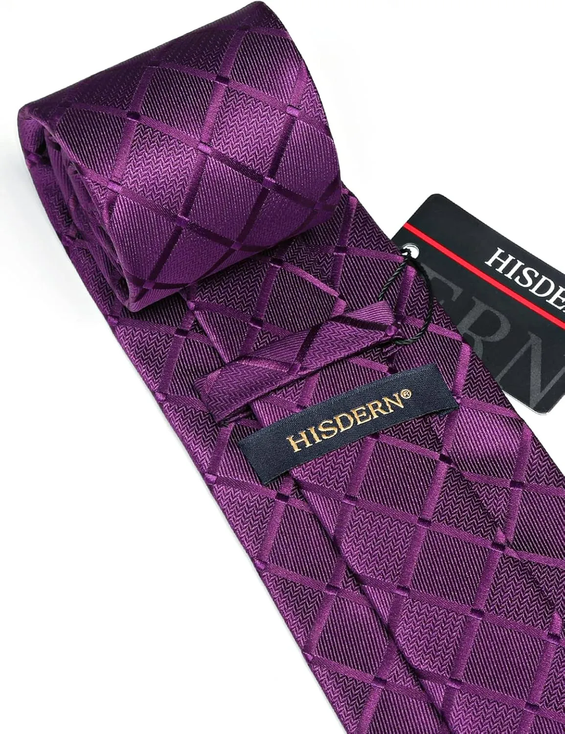 HISDERN Plaid Ties for Men Classic Checkered Tie and Pocket Square Cufflinks Tie Clip Set Woven Men's Necktie Business