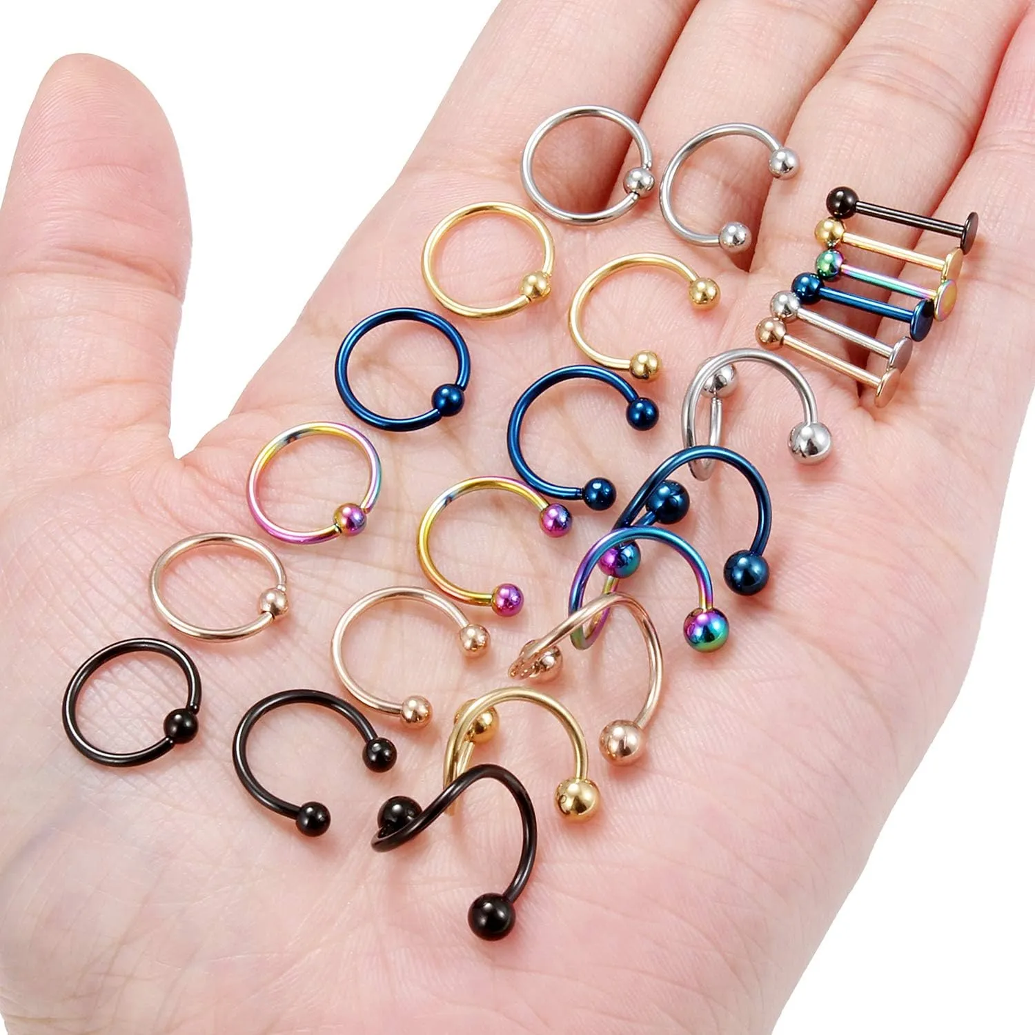 Hoeudjo 24PCS 16G Spiral Barbell Surgical Steel Twist Cartilage Helix Tragus Earring Lip Eyebrow Labret Hoop Rings Piercing Jewelry for Women Men