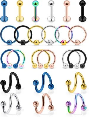 Hoeudjo 24PCS 16G Spiral Barbell Surgical Steel Twist Cartilage Helix Tragus Earring Lip Eyebrow Labret Hoop Rings Piercing Jewelry for Women Men