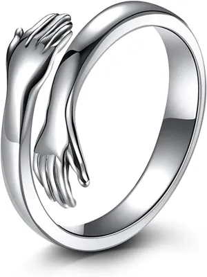 Hug Ring, Sterling Silver Hug Rings for Women Silver Hugging Hands Open Promise Ring Jewelry Hug Hands Mens Rings Couples Wedding Bands Adjustable Solid Vintage Silver Ring