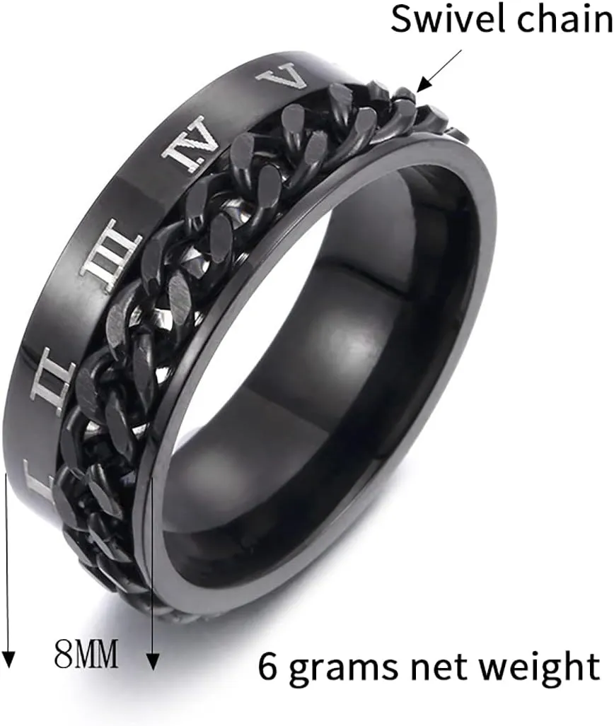 HUJUON 5Pcs Stainless Steel Chain Spinner Rings Set,Punk Roman Numerals Fidget Band Rings,Anxiety Ring Weddings Promise Band for Women Men