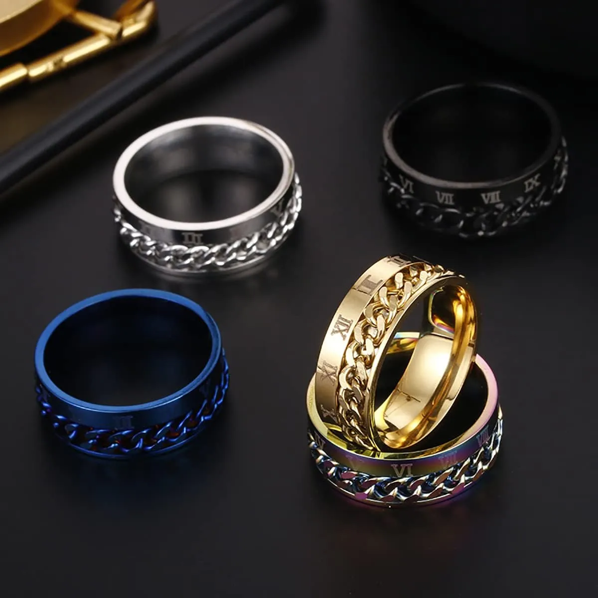HUJUON 5Pcs Stainless Steel Chain Spinner Rings Set,Punk Roman Numerals Fidget Band Rings,Anxiety Ring Weddings Promise Band for Women Men