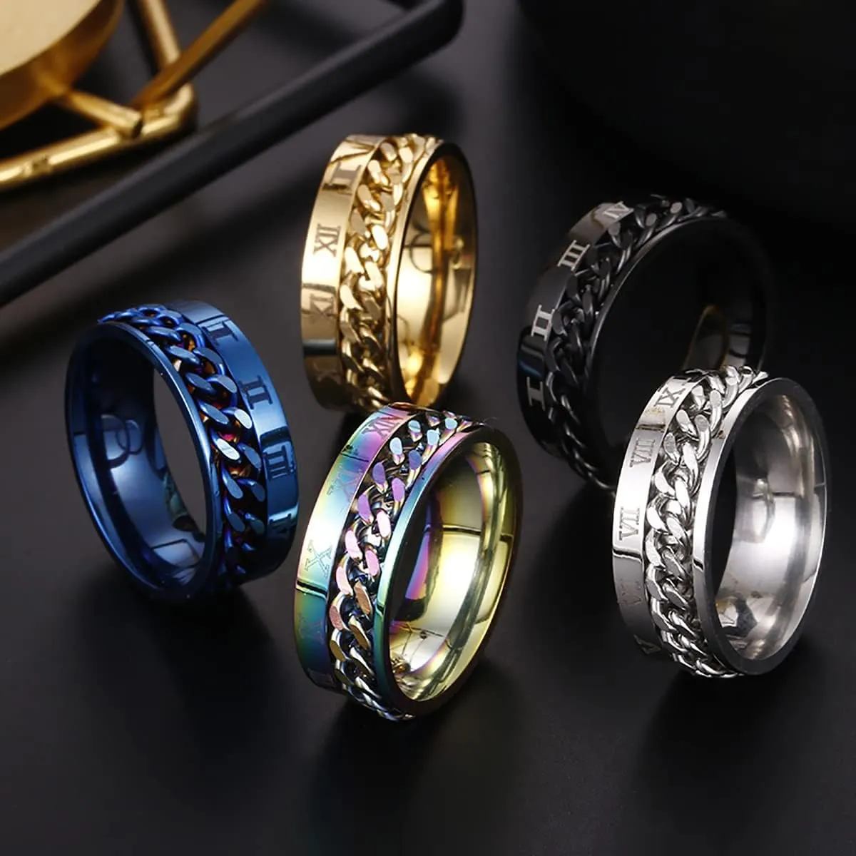 HUJUON 5Pcs Stainless Steel Chain Spinner Rings Set,Punk Roman Numerals Fidget Band Rings,Anxiety Ring Weddings Promise Band for Women Men