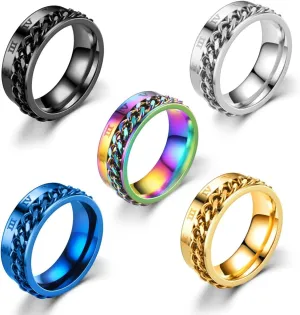 HUJUON 5Pcs Stainless Steel Chain Spinner Rings Set,Punk Roman Numerals Fidget Band Rings,Anxiety Ring Weddings Promise Band for Women Men