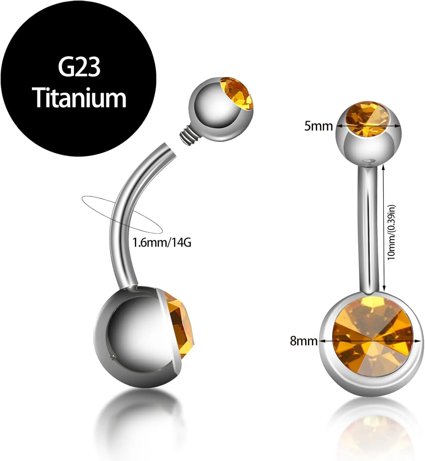 Hypoallergenic 14G 10mm G23 Pure Titanium Internally Threaded Belly Button Rings Petite Navel Ring for Women Body Piercing Jewelry Colorful CZ ASTM F136 Belly Bars