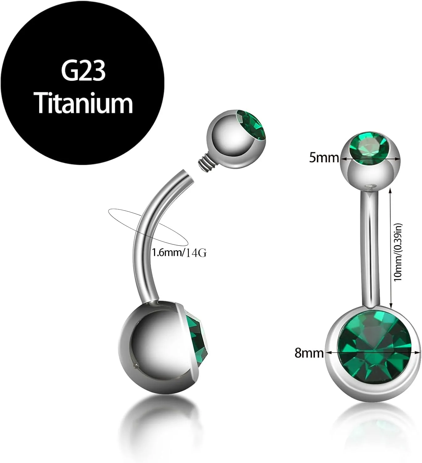 Hypoallergenic 14G 10mm G23 Pure Titanium Internally Threaded Belly Button Rings Petite Navel Ring for Women Body Piercing Jewelry Colorful CZ ASTM F136 Belly Bars