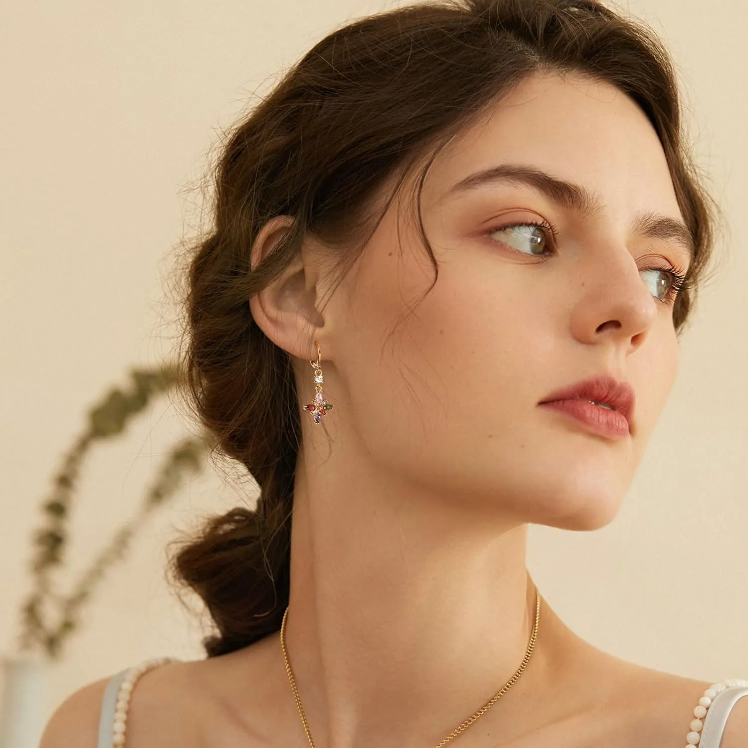 HZMAN 14K Gold Plated Sterling Silver Crystal Flower Earrings for Women Cubic Zirconia Drop Dangle Earring Fashion Earring Jewelry Gift