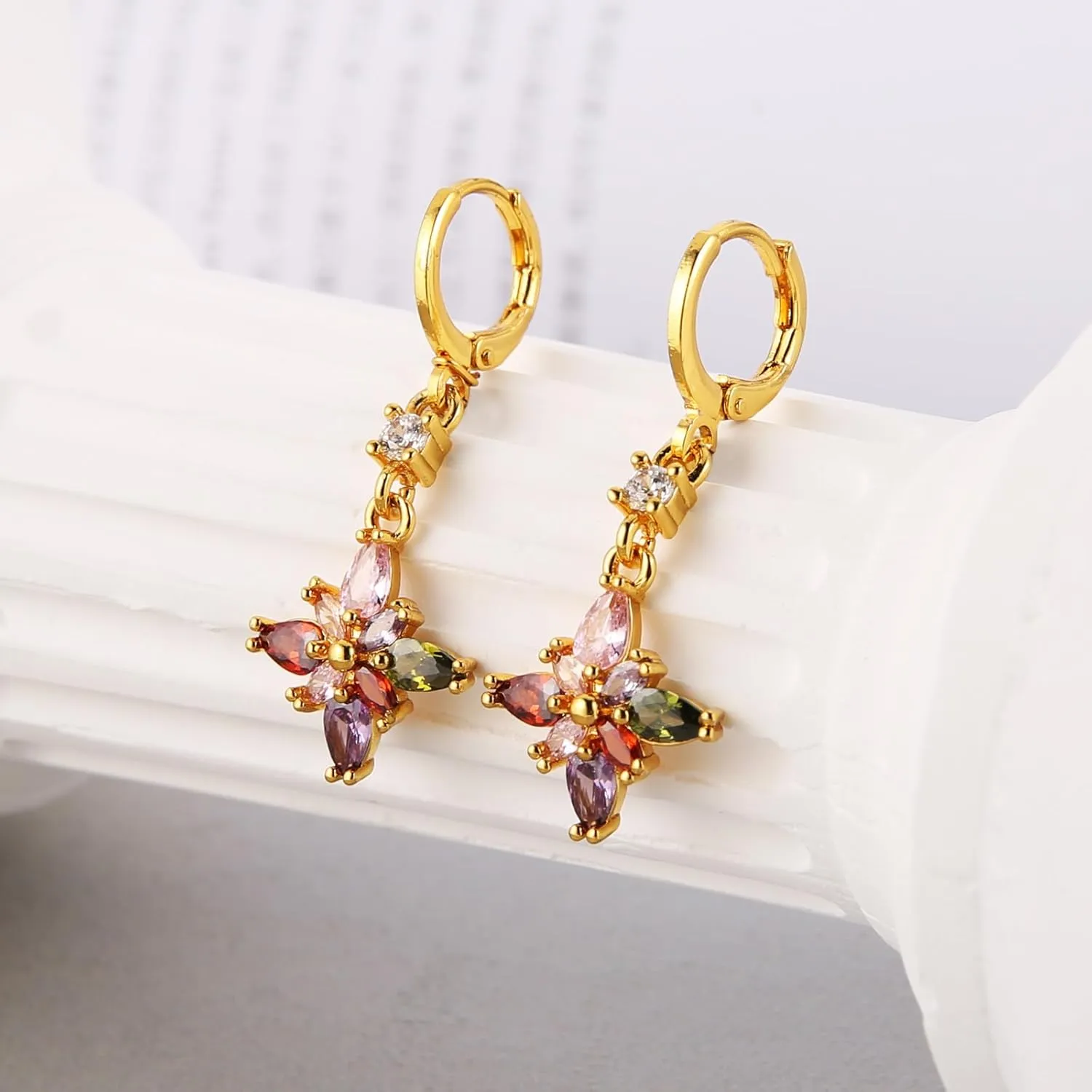 HZMAN 14K Gold Plated Sterling Silver Crystal Flower Earrings for Women Cubic Zirconia Drop Dangle Earring Fashion Earring Jewelry Gift