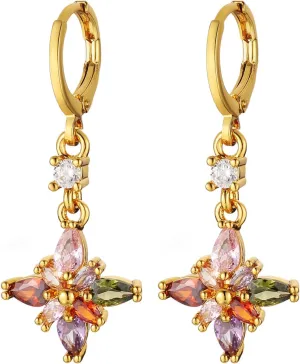 HZMAN 14K Gold Plated Sterling Silver Crystal Flower Earrings for Women Cubic Zirconia Drop Dangle Earring Fashion Earring Jewelry Gift