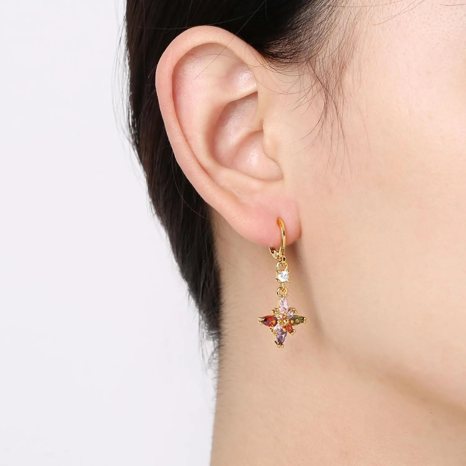 HZMAN 14K Gold Plated Sterling Silver Crystal Flower Earrings for Women Cubic Zirconia Drop Dangle Earring Fashion Earring Jewelry Gift