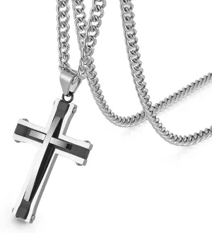 HZMAN Cross Necklace for Men Stainless Steel High Polished Double Layer Cross Necklace Pendant Christian Jewelry Gift with 24Inch Cuban Chain