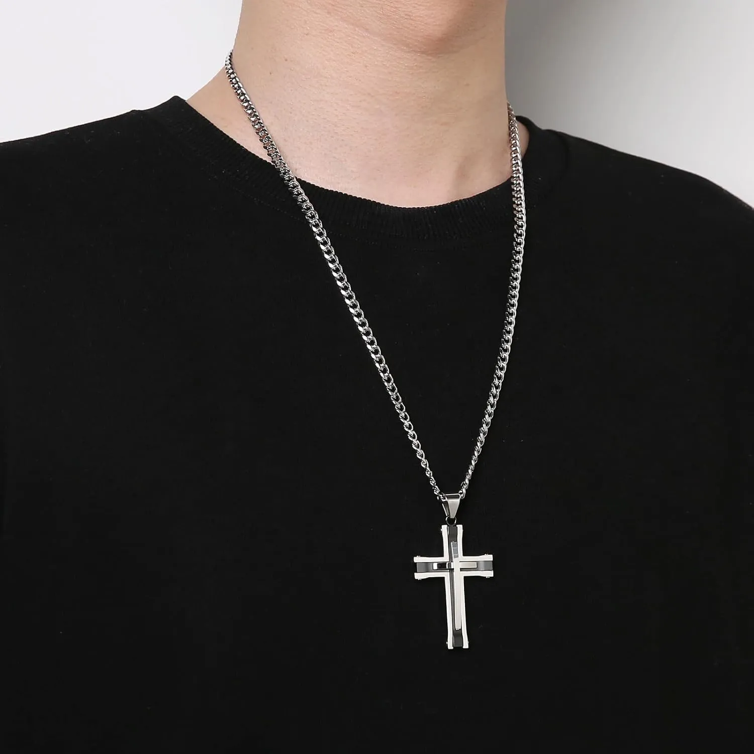 HZMAN Cross Necklace for Men Stainless Steel High Polished Double Layer Cross Necklace Pendant Christian Jewelry Gift with 24Inch Cuban Chain
