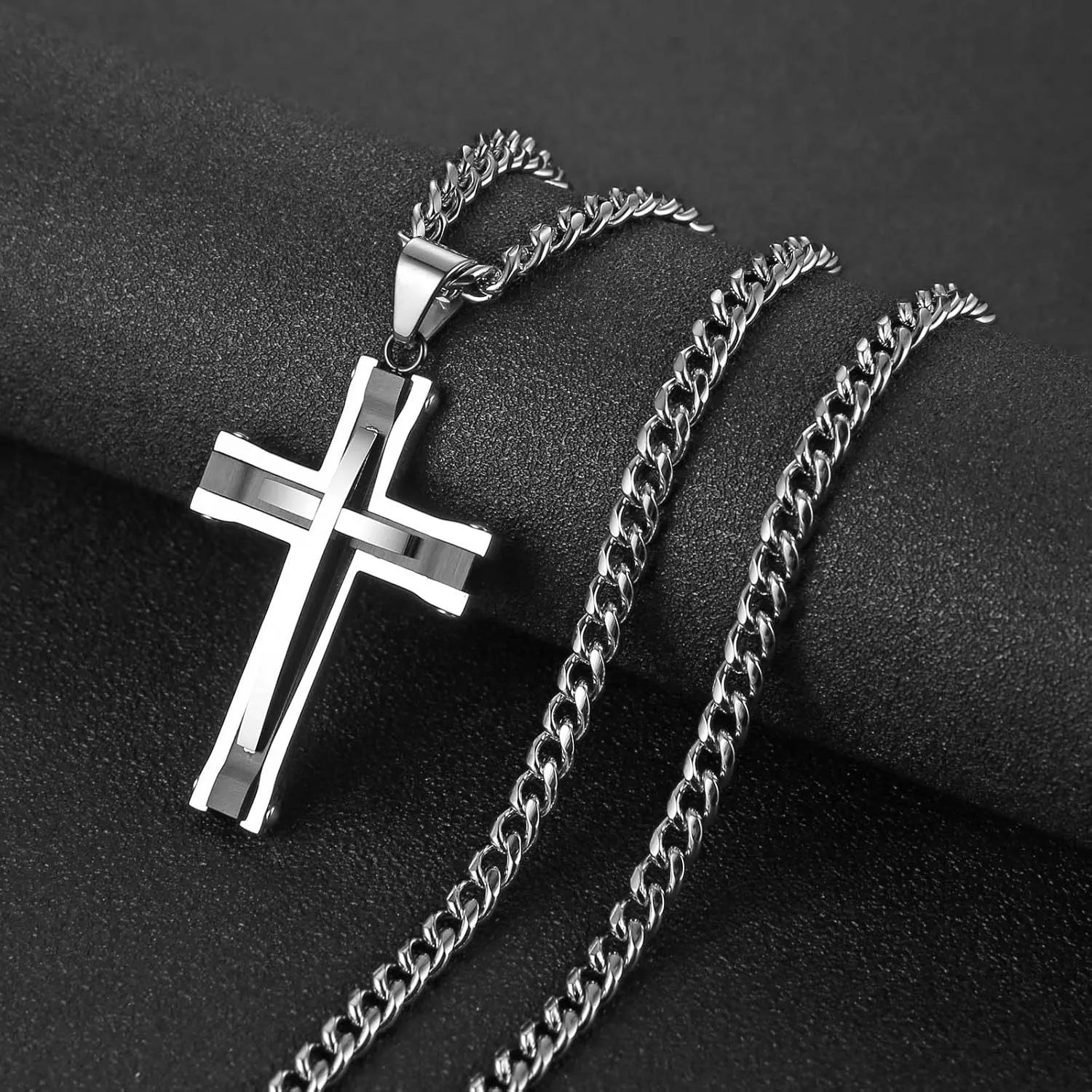 HZMAN Cross Necklace for Men Stainless Steel High Polished Double Layer Cross Necklace Pendant Christian Jewelry Gift with 24Inch Cuban Chain