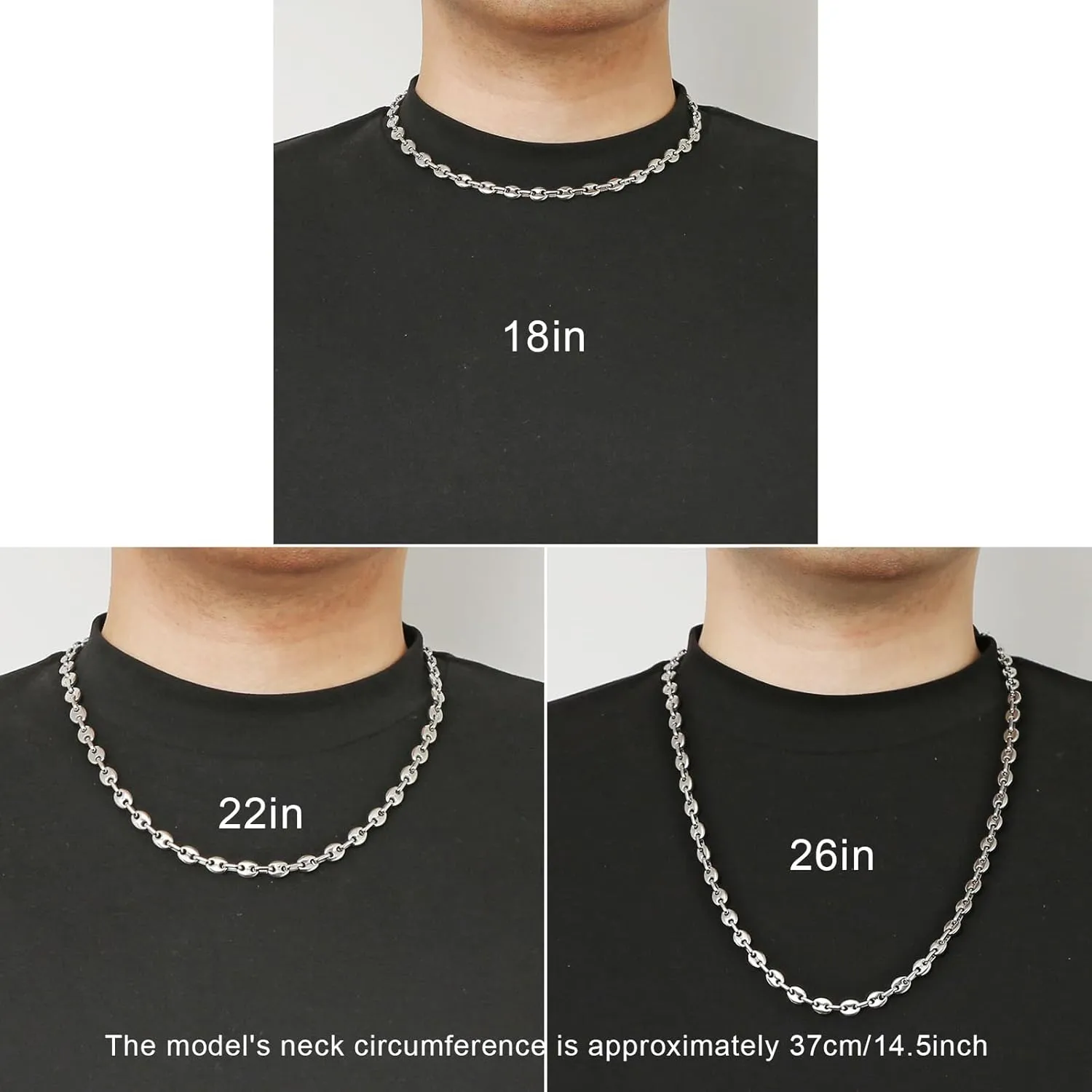 HZMAN Stainless Steel Necklace for Men Hip Hop Polished Coffee Bean Silver Men's Chain Necklace Jewelry Gift
