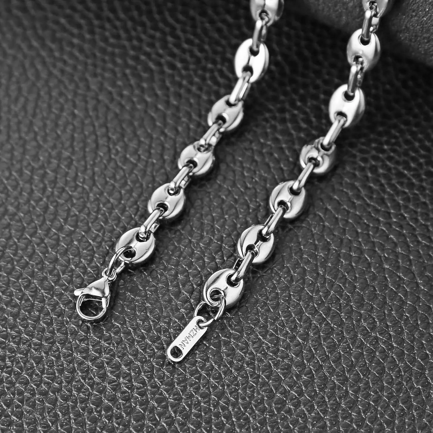 HZMAN Stainless Steel Necklace for Men Hip Hop Polished Coffee Bean Silver Men's Chain Necklace Jewelry Gift