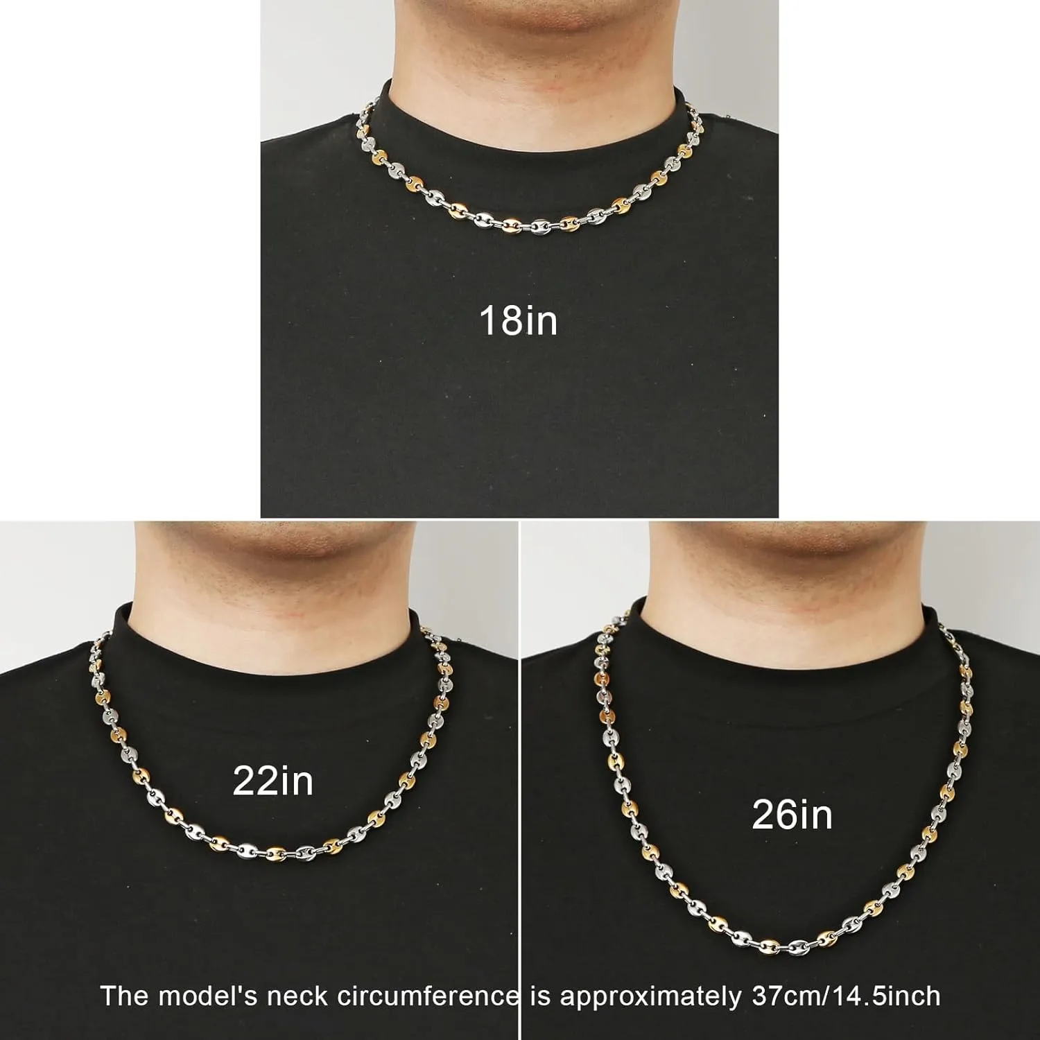 HZMAN Stainless Steel Necklace for Men Hip Hop Polished Coffee Bean Silver Men's Chain Necklace Jewelry Gift