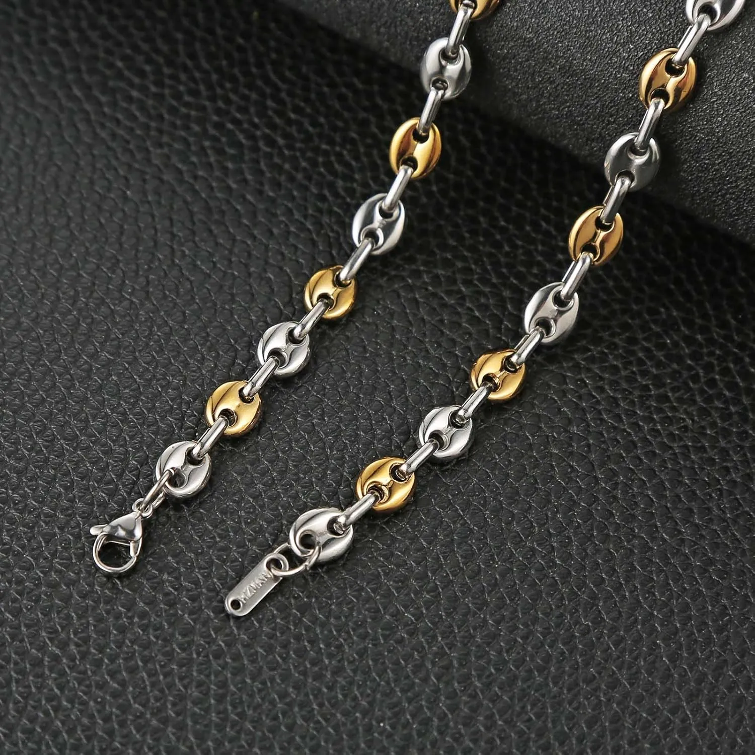 HZMAN Stainless Steel Necklace for Men Hip Hop Polished Coffee Bean Silver Men's Chain Necklace Jewelry Gift