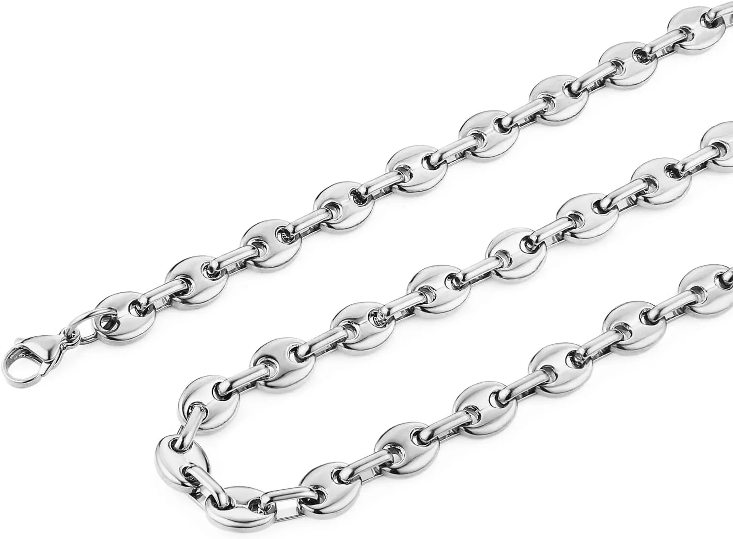 HZMAN Stainless Steel Necklace for Men Hip Hop Polished Coffee Bean Silver Men's Chain Necklace Jewelry Gift