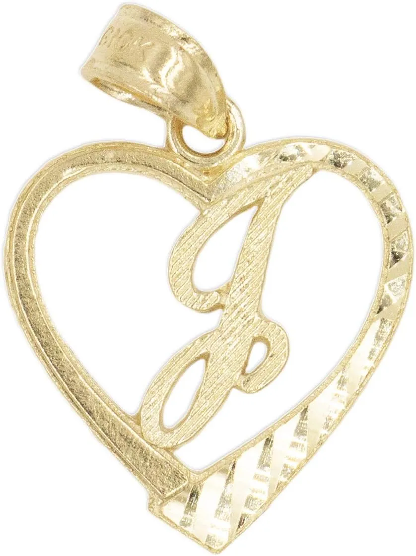 Ice on Fire Jewelry 10k Solid Gold Initial Pendant in Heart Frame with Diamond Cut Finish, Available in Different Letters of Alphabet Personalized Charm for Women (J)