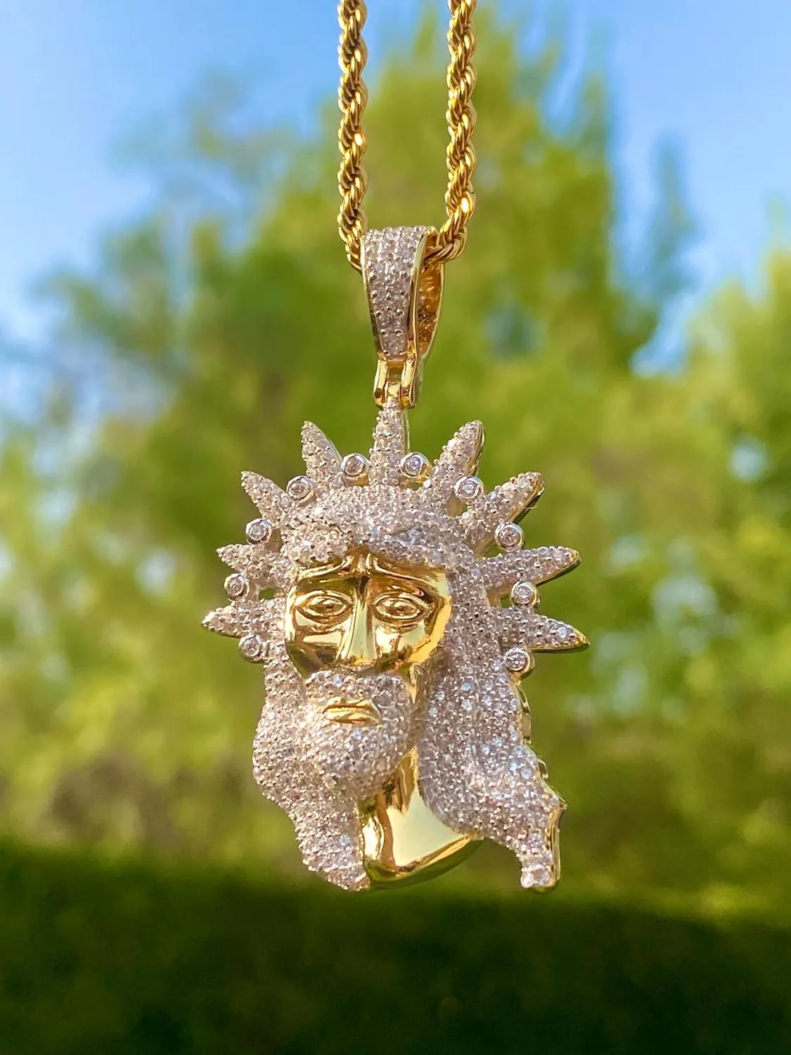 Iced Big Jesus Men Women 925 Italy Gold Finish Iced Silver Charm Ice Out Pendant Stainless Steel Real 3 mm Rope Chain, Mans Jewelry, Iced Pendant, Rope Necklace 16"- 24"
