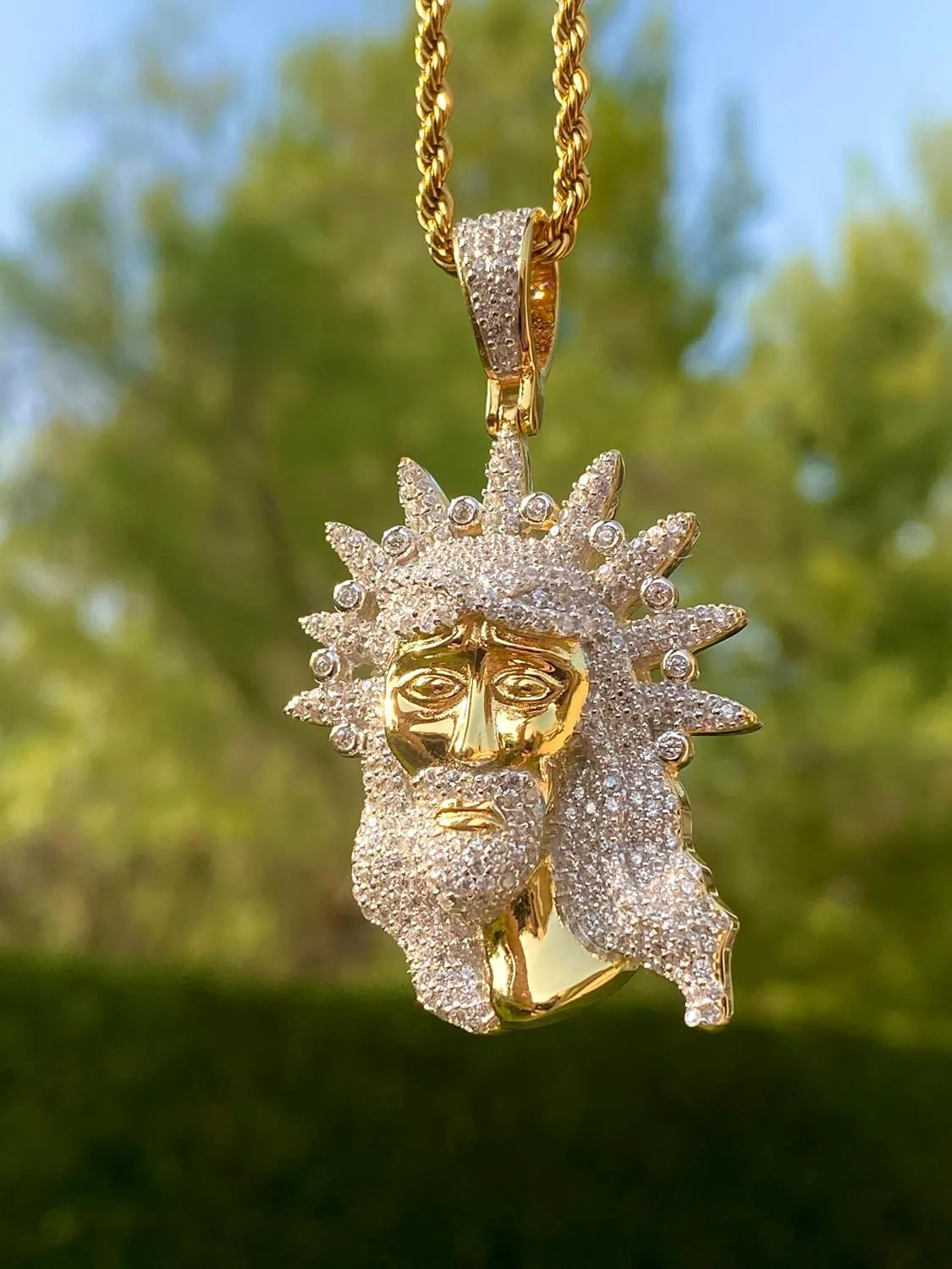 Iced Big Jesus Men Women 925 Italy Gold Finish Iced Silver Charm Ice Out Pendant Stainless Steel Real 3 mm Rope Chain, Mans Jewelry, Iced Pendant, Rope Necklace 16"- 24"