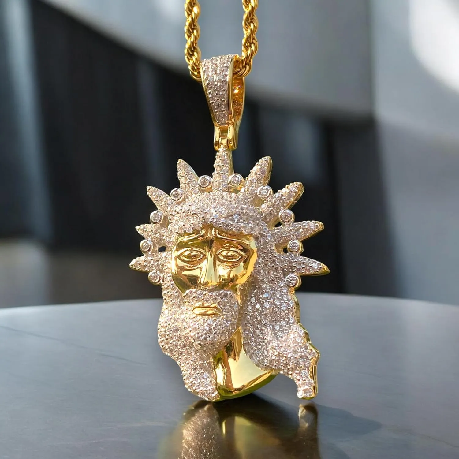 Iced Big Jesus Men Women 925 Italy Gold Finish Iced Silver Charm Ice Out Pendant Stainless Steel Real 3 mm Rope Chain, Mans Jewelry, Iced Pendant, Rope Necklace 16"- 24"