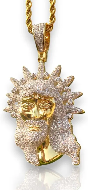 Iced Big Jesus Men Women 925 Italy Gold Finish Iced Silver Charm Ice Out Pendant Stainless Steel Real 3 mm Rope Chain, Mans Jewelry, Iced Pendant, Rope Necklace 16"- 24"