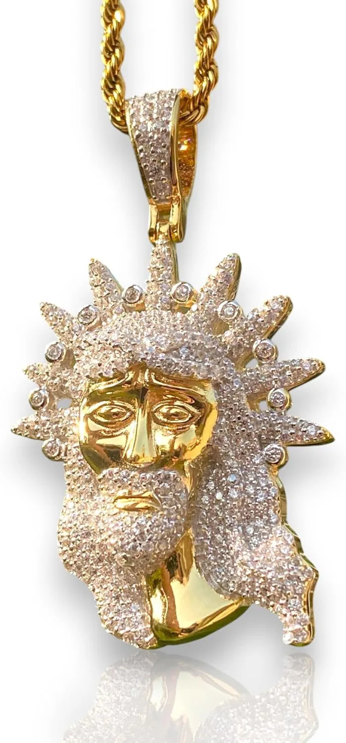 Iced Big Jesus Men Women 925 Italy Gold Finish Iced Silver Charm Ice Out Pendant Stainless Steel Real 3 mm Rope Chain, Mans Jewelry, Iced Pendant, Rope Necklace 16"- 24"