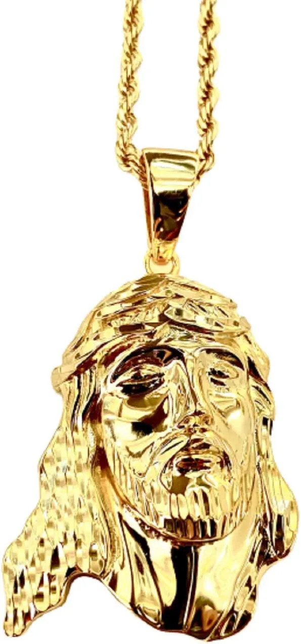 Iced Jesus Men Women 925 Italy Gold Finish Iced Silver Charm Ice Out Pendant Stainless Steel Real 3 mm Rope Chain, Mans Jewelry, Iced Pendant, Rope Necklace 16"- 24"