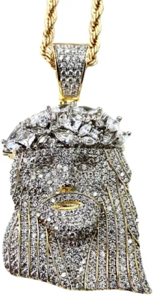 Iced Jesus Men Women 925 Italy Gold Finish Iced Silver Charm Ice Out Pendant Stainless Steel Real 3 mm Rope Chain, Mans Jewelry, Iced Pendant, Rope Necklace 16"- 24"