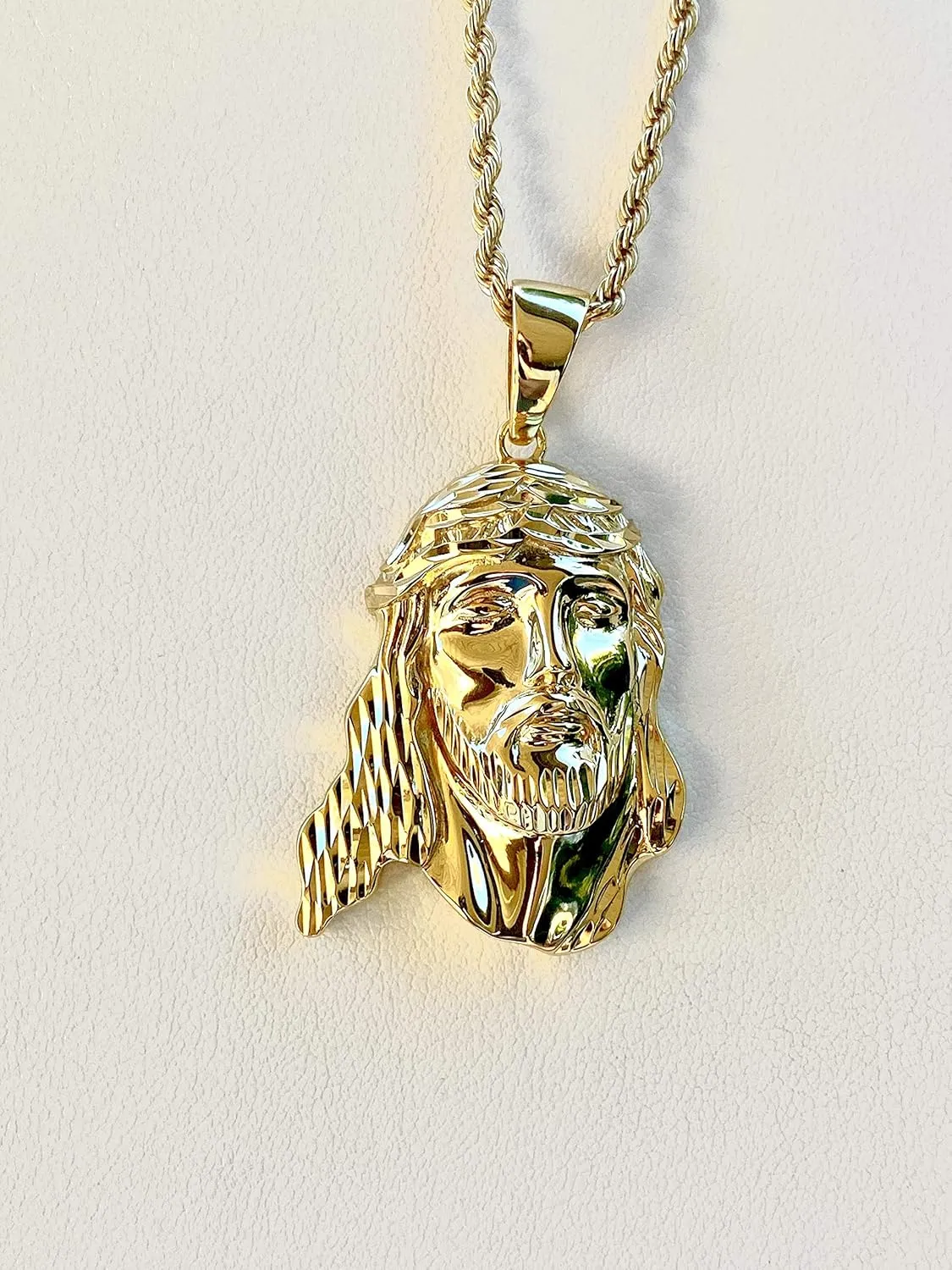 Iced Jesus Men Women 925 Italy Gold Finish Iced Silver Charm Ice Out Pendant Stainless Steel Real 3 mm Rope Chain, Mans Jewelry, Iced Pendant, Rope Necklace 16"- 24"