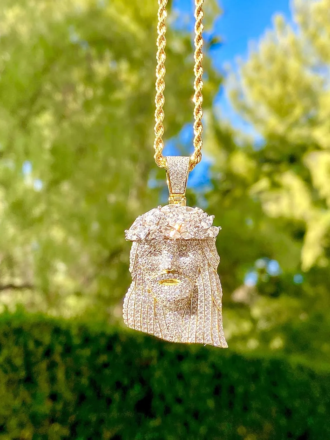 Iced Jesus Men Women 925 Italy Gold Finish Iced Silver Charm Ice Out Pendant Stainless Steel Real 3 mm Rope Chain, Mans Jewelry, Iced Pendant, Rope Necklace 16"- 24"