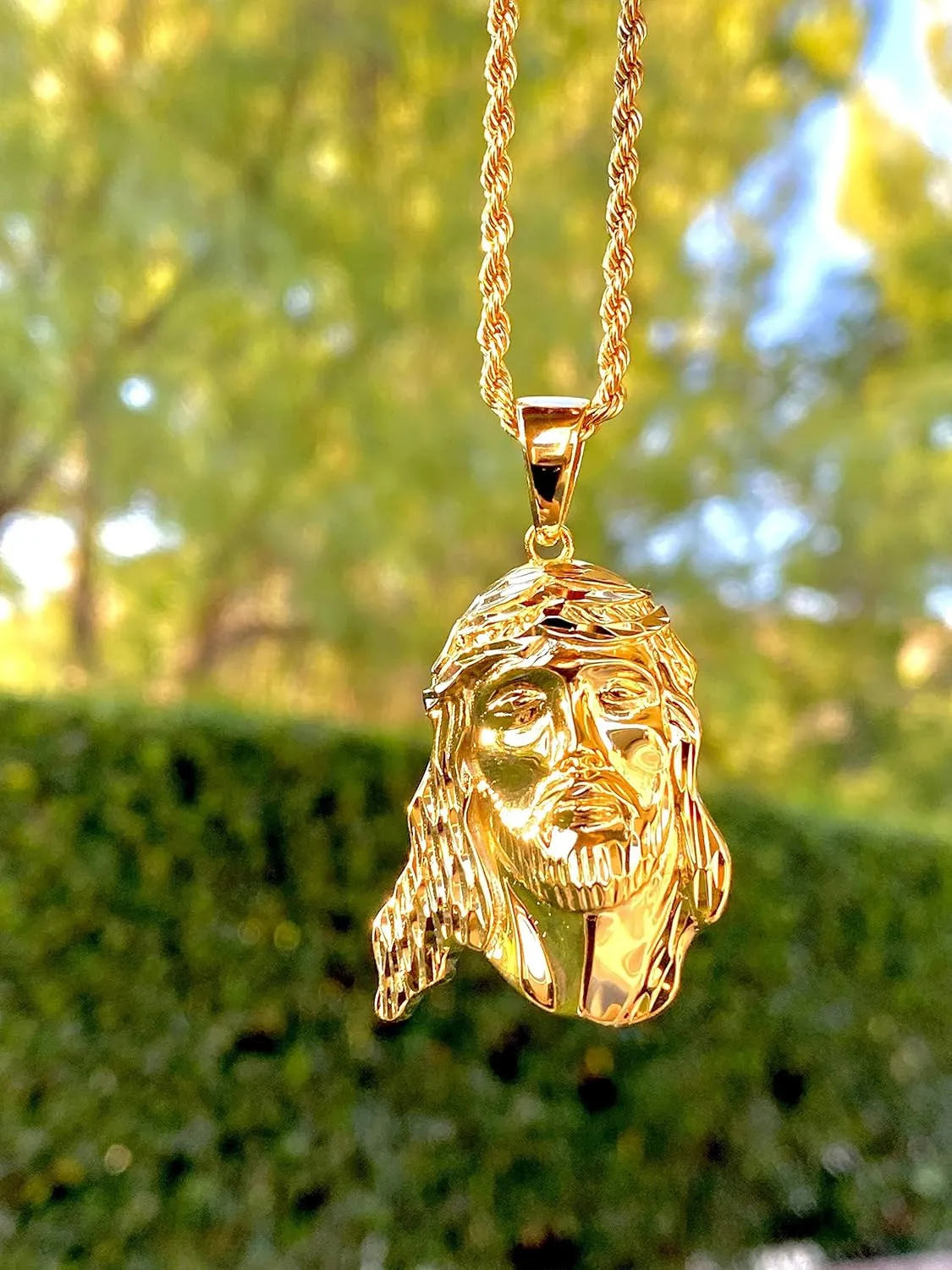 Iced Jesus Men Women 925 Italy Gold Finish Iced Silver Charm Ice Out Pendant Stainless Steel Real 3 mm Rope Chain, Mans Jewelry, Iced Pendant, Rope Necklace 16"- 24"