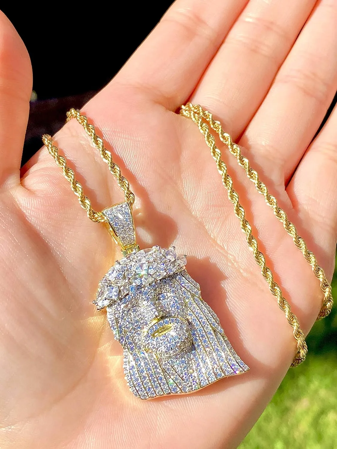 Iced Jesus Men Women 925 Italy Gold Finish Iced Silver Charm Ice Out Pendant Stainless Steel Real 3 mm Rope Chain, Mans Jewelry, Iced Pendant, Rope Necklace 16"- 24"