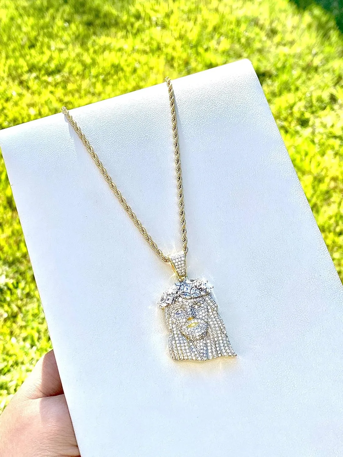 Iced Jesus Men Women 925 Italy Gold Finish Iced Silver Charm Ice Out Pendant Stainless Steel Real 3 mm Rope Chain, Mans Jewelry, Iced Pendant, Rope Necklace 16"- 24"