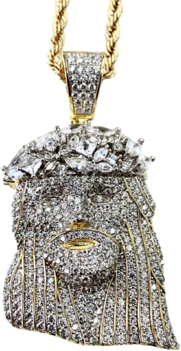Iced Jesus Men Women 925 Italy Gold Finish Iced Silver Charm Ice Out Pendant Stainless Steel Real 3 mm Rope Chain, Mans Jewelry, Iced Pendant, Rope Necklace 16"- 24"