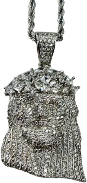 Iced Jesus Men Women 925 Italy Iced Silver Charm Ice Out Pendant Stainless Steel Real 3 mm Rope Chain, Mans Jewelry, Iced Pendant, Rope Necklace 16"- 24"