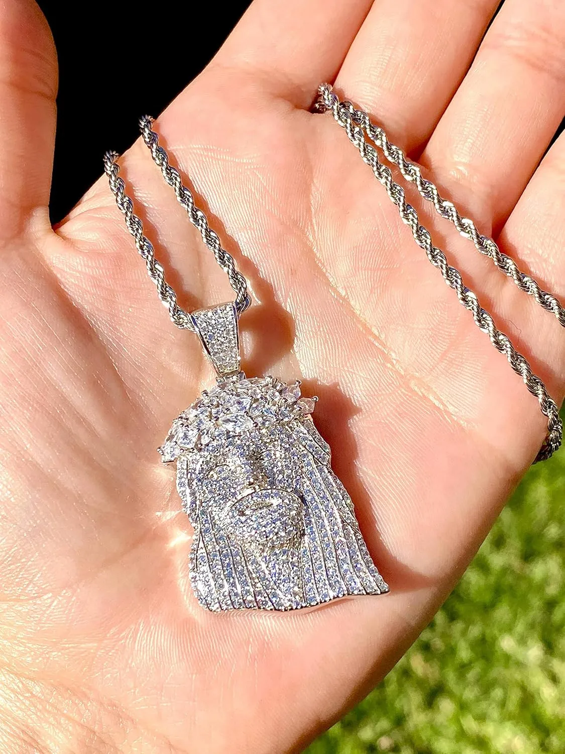 Iced Jesus Men Women 925 Italy Iced Silver Charm Ice Out Pendant Stainless Steel Real 3 mm Rope Chain, Mans Jewelry, Iced Pendant, Rope Necklace 16"- 24"