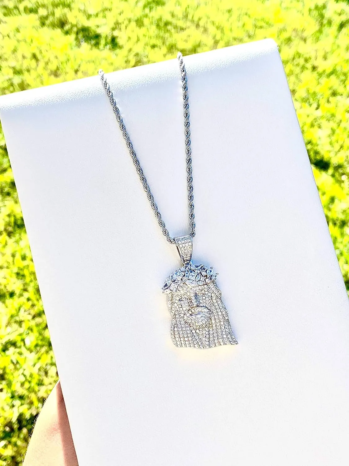 Iced Jesus Men Women 925 Italy Iced Silver Charm Ice Out Pendant Stainless Steel Real 3 mm Rope Chain, Mans Jewelry, Iced Pendant, Rope Necklace 16"- 24"