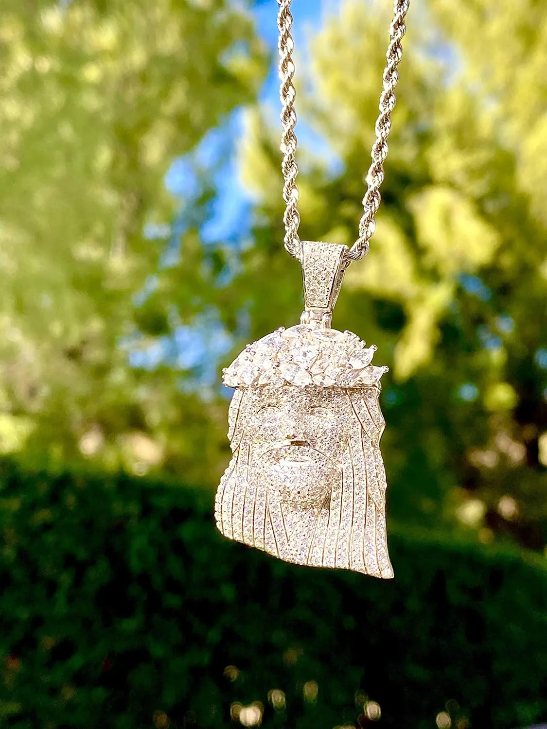 Iced Jesus Men Women 925 Italy Iced Silver Charm Ice Out Pendant Stainless Steel Real 3 mm Rope Chain, Mans Jewelry, Iced Pendant, Rope Necklace 16"- 24"