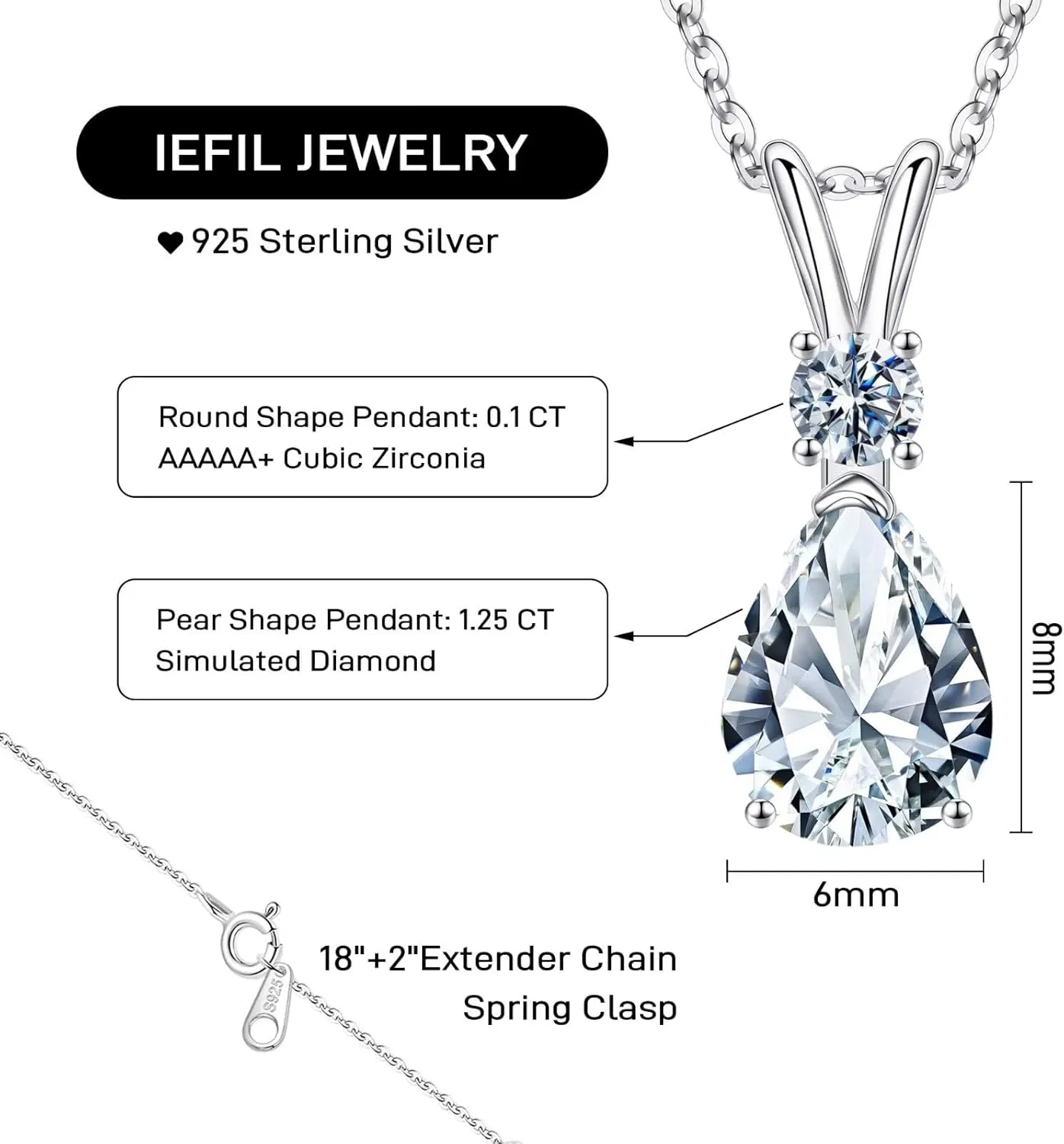 Iefil 1.25 Ct Pear Birthstone Necklaces for Women, 18K White Gold Plated S925 Sterling Silver Genuine or Created Gemstone Birthstone Jewelry for Women Birthday Gifts