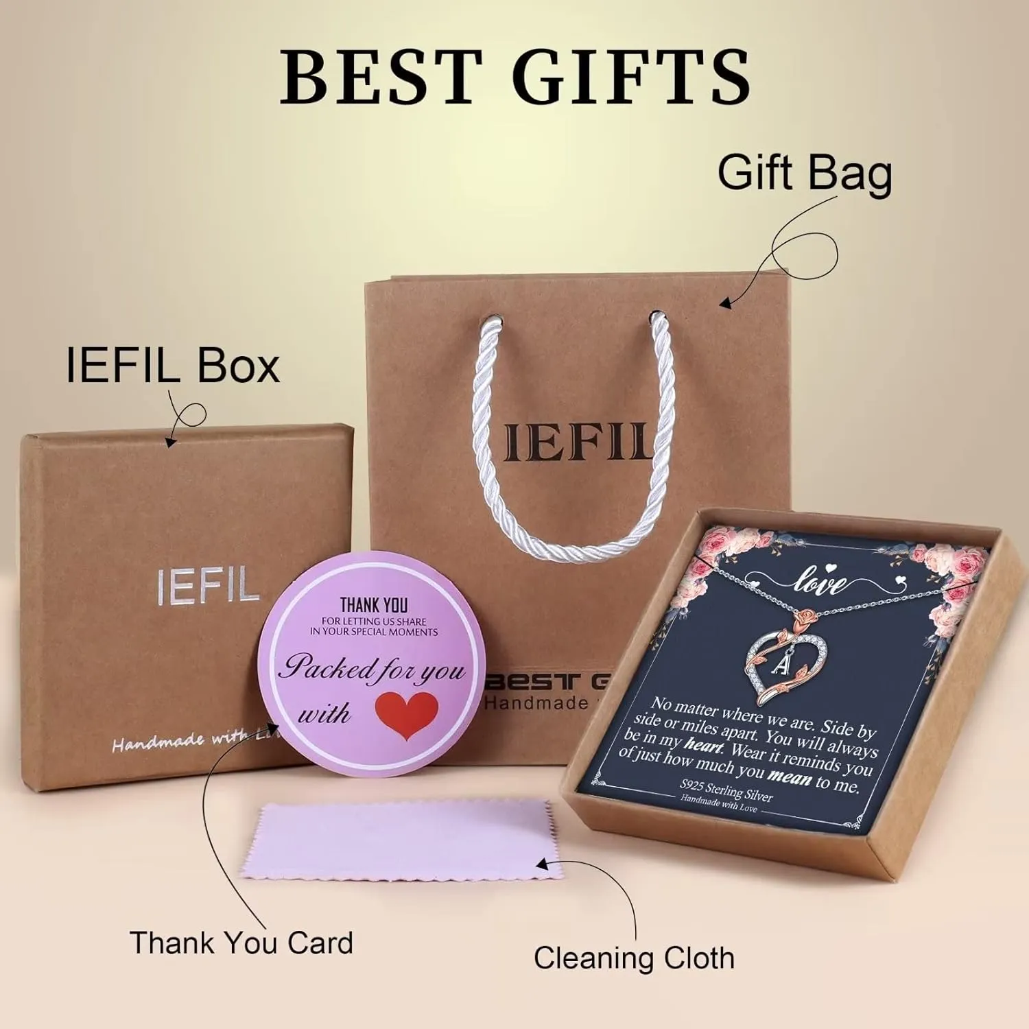 Iefil Rose Heart Necklaces Gifts for Women - 925 Sterling Silver Heart Initial Necklace, Anniversary Birthday Gifts for Women, Jewelry Gift for Wife Wife Girlfriend Mom