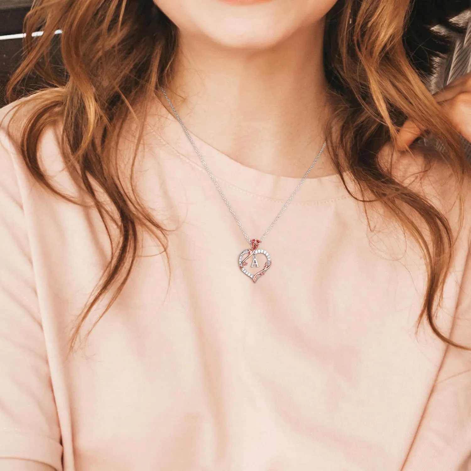 Iefil Rose Heart Necklaces Gifts for Women - 925 Sterling Silver Heart Initial Necklace, Anniversary Birthday Gifts for Women, Jewelry Gift for Wife Wife Girlfriend Mom