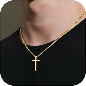 IEFSHINY Gifts for Men Boys - Stainless Steel Cross Pendant Chain Necklaces for Men, Mens 16-30 Inches Chain Gold Silver Black Cross Necklace Jewelry Gifts