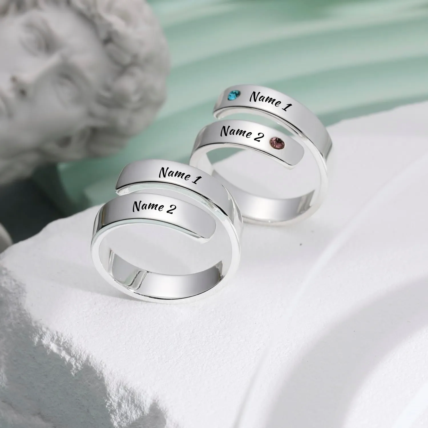 INBLUE Personalized 925 Sterling Silver Spiral Twist Ring for Women Customized Engraving Name/Date with Birthstones Adjustable Open Wrap Band Promise Ring Gift for Wedding Engagement