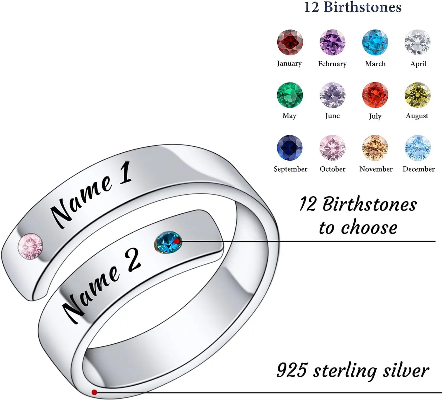 INBLUE Personalized 925 Sterling Silver Spiral Twist Ring for Women Customized Engraving Name/Date with Birthstones Adjustable Open Wrap Band Promise Ring Gift for Wedding Engagement