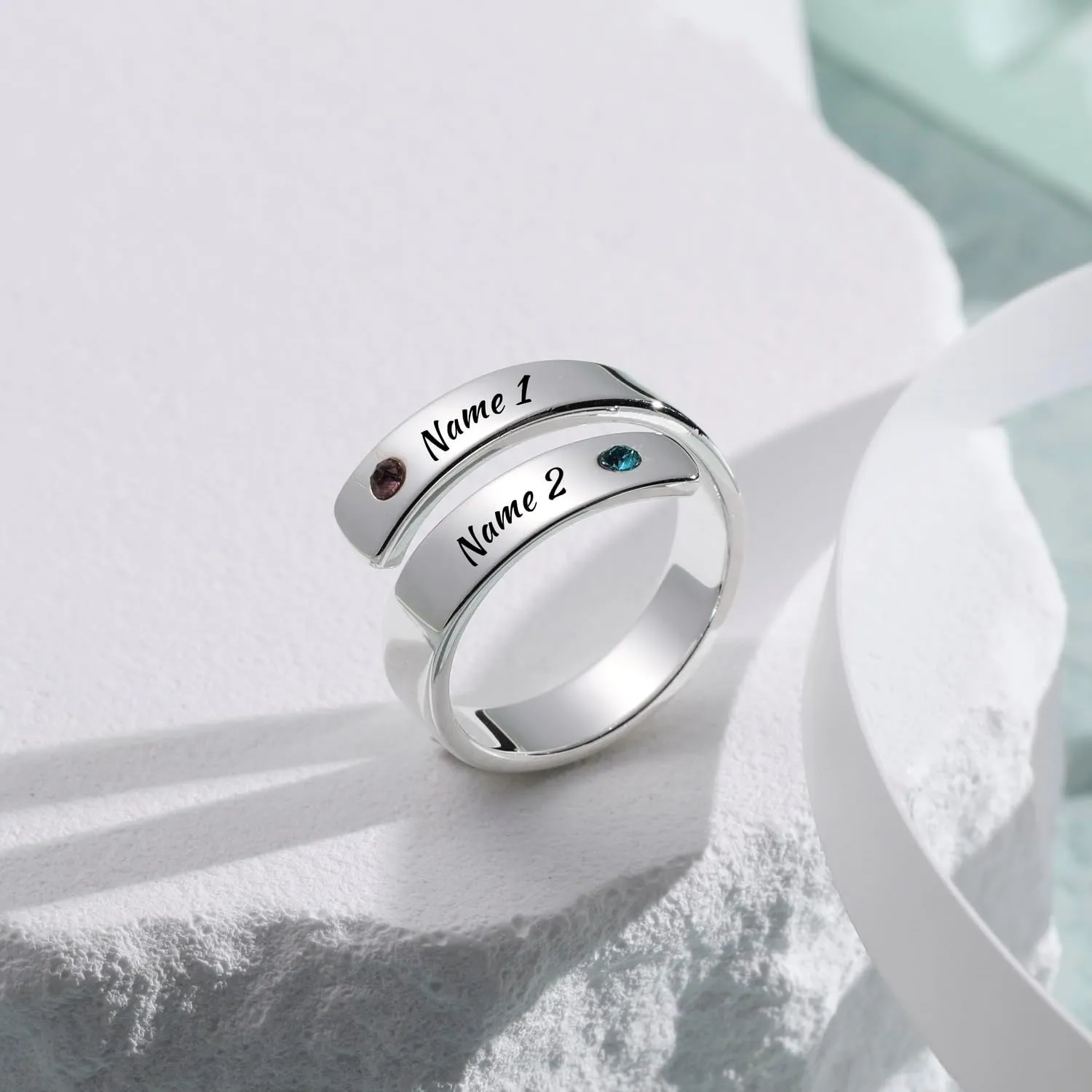 INBLUE Personalized 925 Sterling Silver Spiral Twist Ring for Women Customized Engraving Name/Date with Birthstones Adjustable Open Wrap Band Promise Ring Gift for Wedding Engagement