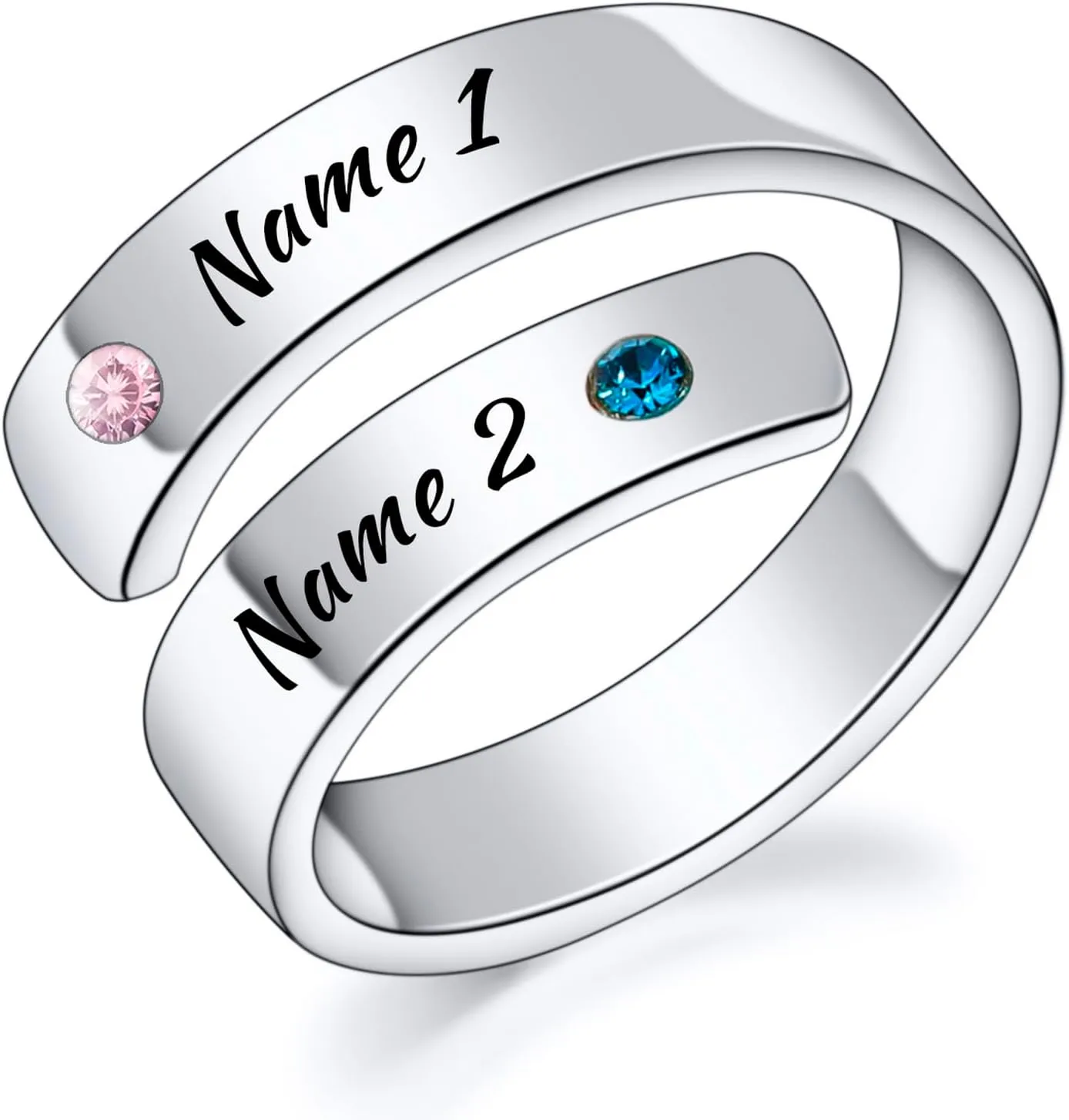 INBLUE Personalized 925 Sterling Silver Spiral Twist Ring for Women Customized Engraving Name/Date with Birthstones Adjustable Open Wrap Band Promise Ring Gift for Wedding Engagement
