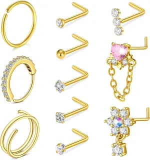 Incaton 20G 11PCS Nose Rings For Women, Double Nose Rings Hoops, Diamond Nose Hoops, L Shpaed Nose Stud CZ 1.5/2/2.5/3mm Nose Screw Piercing Jewelry