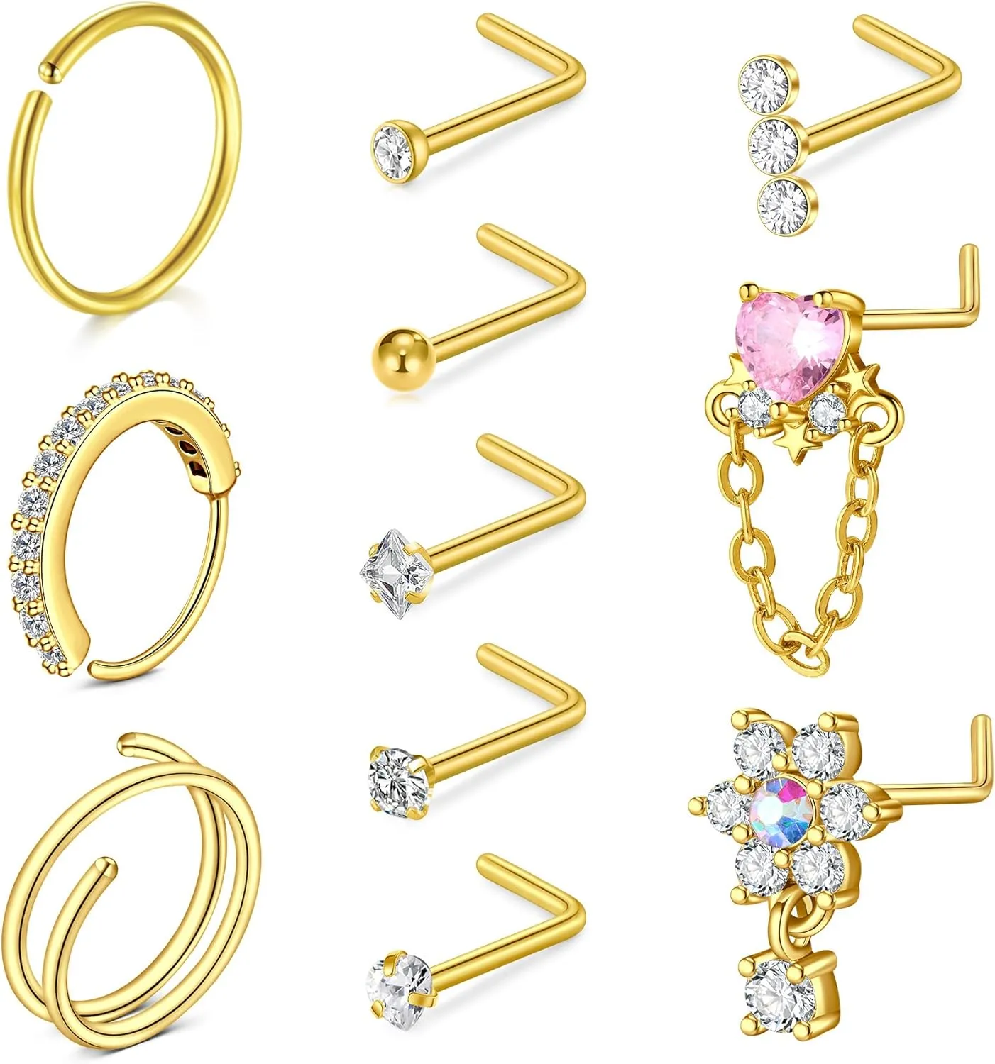Incaton 20G 11PCS Nose Rings For Women, Double Nose Rings Hoops, Diamond Nose Hoops, L Shpaed Nose Stud CZ 1.5/2/2.5/3mm Nose Screw Piercing Jewelry